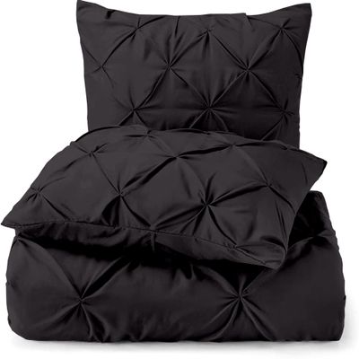 3 Piece Luxurious Pinch Pleated Duvet Cover with Zipper & Corner Ties 100% 100% Egyptian Cotton Pintuck Duvet Cover Set (92x102 King Size, Black)
