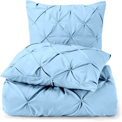 3 Piece Luxurious Pinch Pleated Duvet Cover with Zipper & Corner Ties 100% 100% Egyptian Cotton Pintuck Duvet Cover Set (Oversize Queen 100x100 Size, Light Blue)