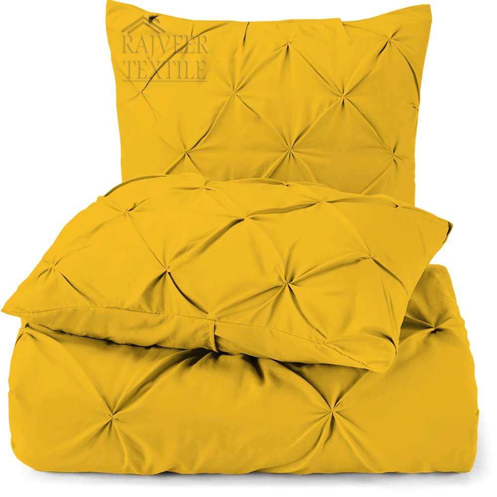 3 Piece Luxurious Pinch Pleated Duvet Cover with Zipper & Corner Ties 100% 100% Egyptian Cotton Pintuck Duvet Cover Set (All Queen 90x90 Size, Yellow)