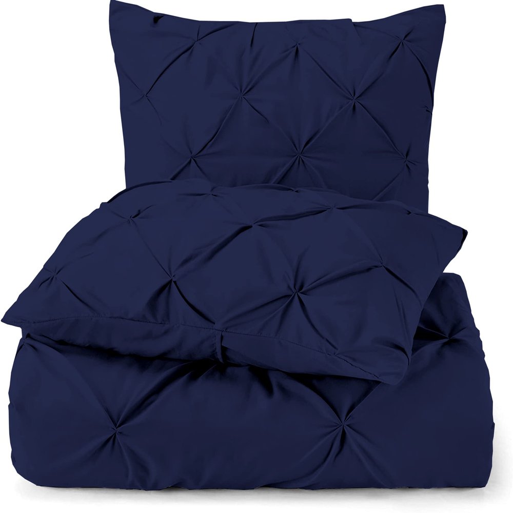 3 Piece Luxurious Pinch Pleated Duvet Cover with Zipper & Corner Ties 100% 100% Egyptian Cotton Pintuck Duvet Cover Set (All Queen 90x90 Size, Navy Blue)