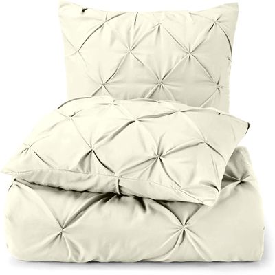 3 Piece Luxurious Pinch Pleated Duvet Cover with Zipper & Corner Ties 100% 100% Egyptian Cotton Pintuck Duvet Cover Set (120X98 Oversize King, Ivory)