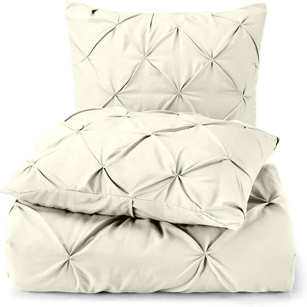 3 Piece Luxurious Pinch Pleated Duvet Cover with Zipper & Corner Ties 100% 100% Egyptian Cotton Pintuck Duvet Cover Set (120X98 Oversize King, Ivory)