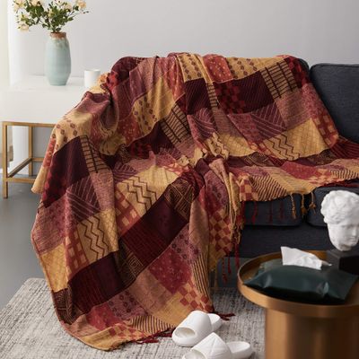 Albodanl Bohemian Throw Blankets Colorful Chenille Jacquard Tassels Boho Hippie Decorative for Bed Couch Sofa Soft Chair Recliner Loveseat Furniture Cover Dark Red Beige