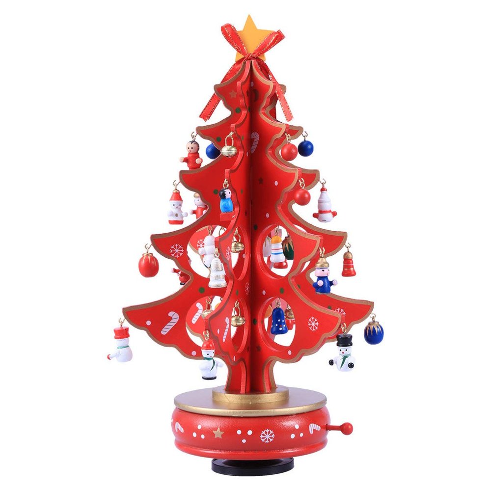 Christmas Tree Music Boxes Mini Tabletop Christmas Tree Wooden Musical Figurine Wind Up Music Box Desktop Decoration for Christmas Birthday