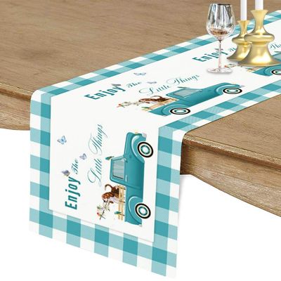 Teal Green Table Runner, 14 x 72 inch Farm Truck Carrying Dog Flower Turquoise White Buffalo Plaid Table Runner for Holiday Family Dinner, Farmhouse, Indoor or Outdoor Parties(Cotton-Polyester Blend)