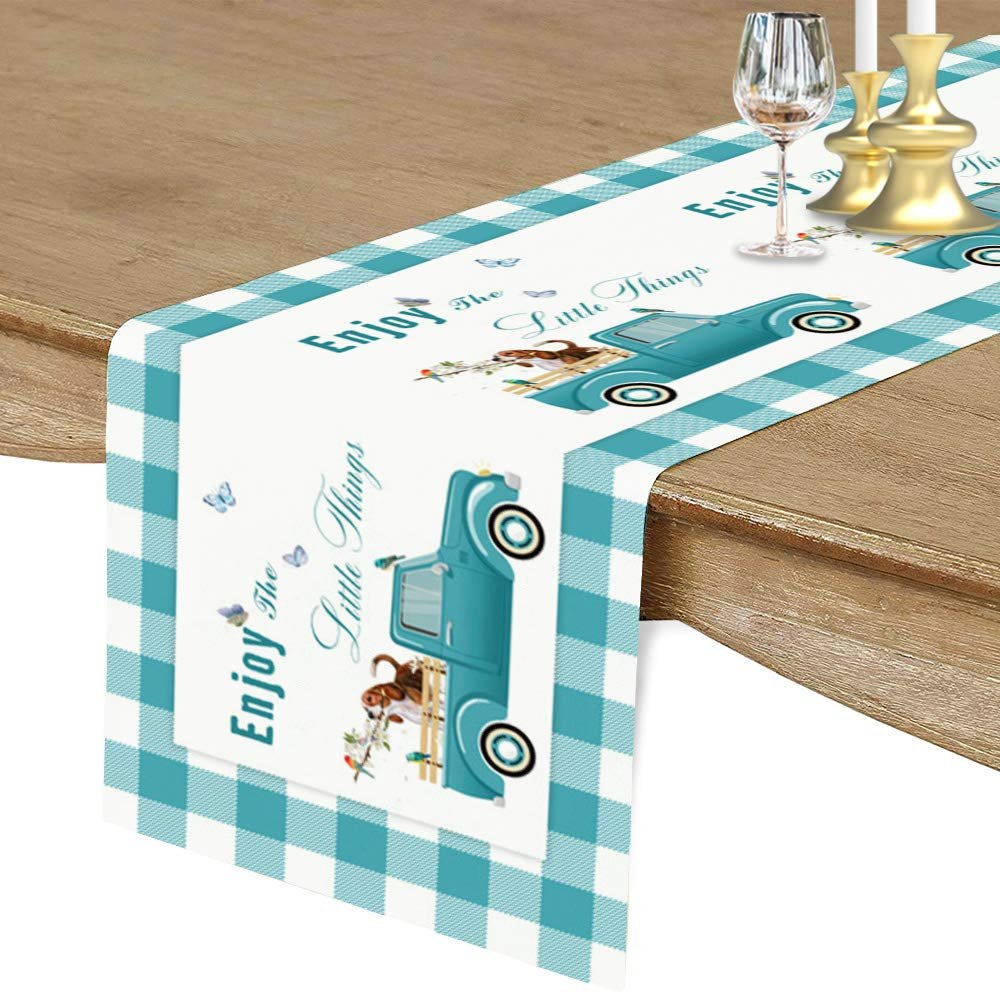 Teal Green Table Runner, 14 x 72 inch Farm Truck Carrying Dog Flower Turquoise White Buffalo Plaid Table Runner for Holiday Family Dinner, Farmhouse, Indoor or Outdoor Parties(Cotton-Polyester Blend)