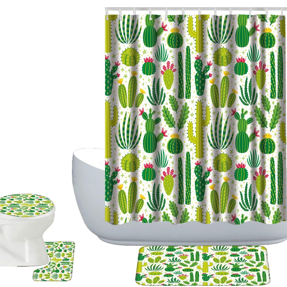 Amagical Floral Design Green Succulents and Cactuses Pattern 4 Piece Bathroom Mat Set Shower Curtain Set Bath Mat Contour Mat Toilet Cover Shower Curtian 12 Hooks