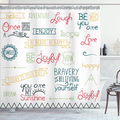 Ambesonne Adventure Shower Curtain, Various Words on Happiness and Self Value Uplifting Phrases Being Who You are, Cloth Fabric Bathroom Decor Set with Hooks, 69" W x 84" L, Blue Seafoam