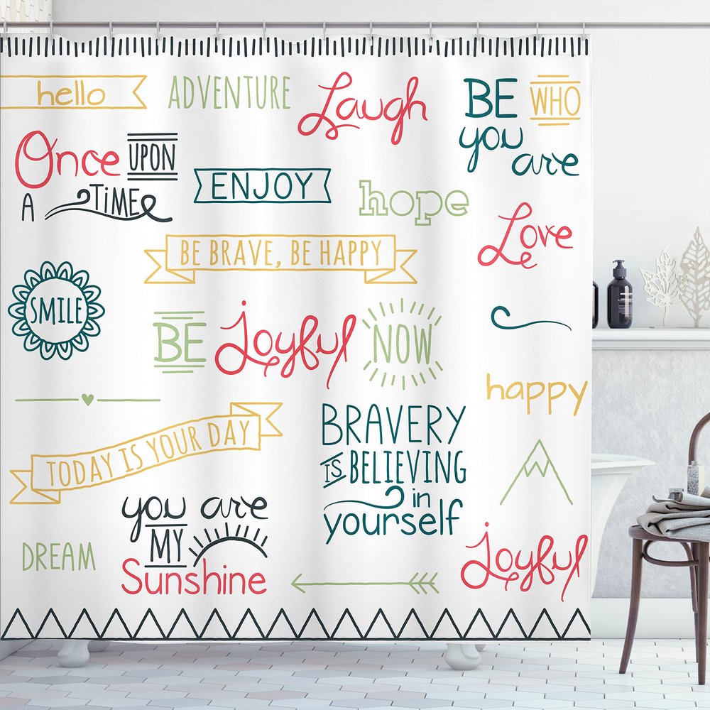 Ambesonne Adventure Shower Curtain, Various Words on Happiness and Self Value Uplifting Phrases Being Who You are, Cloth Fabric Bathroom Decor Set with Hooks, 69" W x 84" L, Blue Seafoam