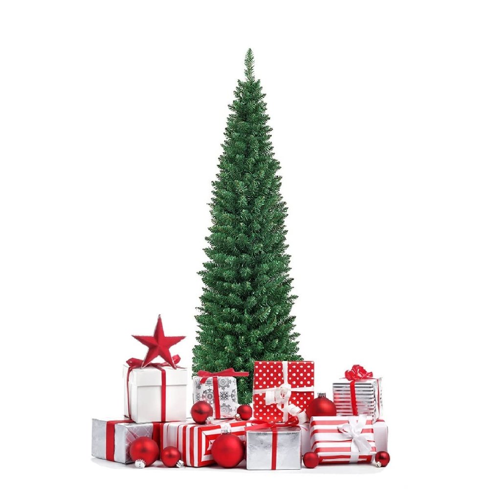 GOFLAME 5 FT Pencil Slim Christmas Tree, Artificial Christmas Tree with Foldable Metal Stand and PVC Material, Perfect Holiday Decoration for Home and Office, Green