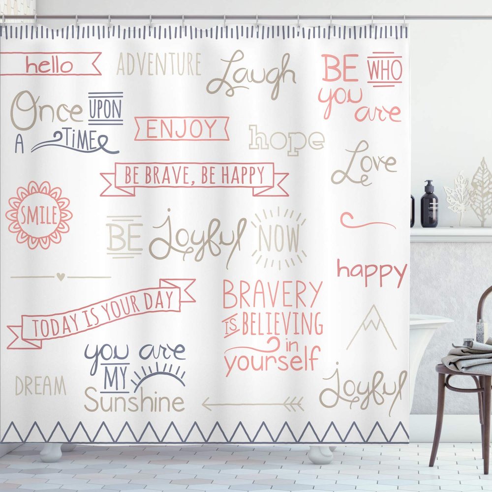 Ambesonne Adventure Shower Curtain, Various Words on Happiness and Self Value Uplifting Phrases Being Who You are, Cloth Fabric Bathroom Decor Set with Hooks, 69" W x 84" L, Warm Taupe