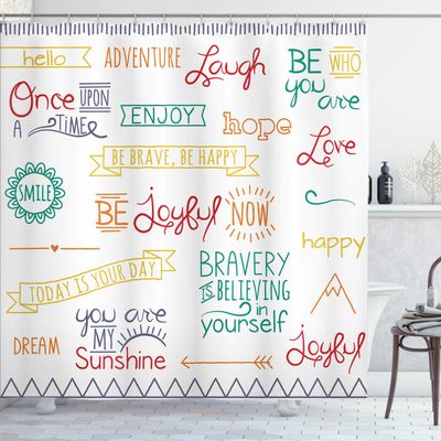 Ambesonne Adventure Shower Curtain, Various Words on Happiness and Self Value Uplifting Phrases Being Who You are, Cloth Fabric Bathroom Decor Set with Hooks, 69" W x 84" L, Jade Green