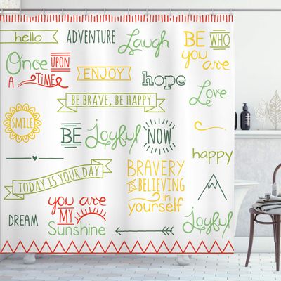 Ambesonne Adventure Shower Curtain, Various Words on Happiness and Self Value Uplifting Phrases Being Who You are, Cloth Fabric Bathroom Decor Set with Hooks, 69" W x 84" L, Mustard White