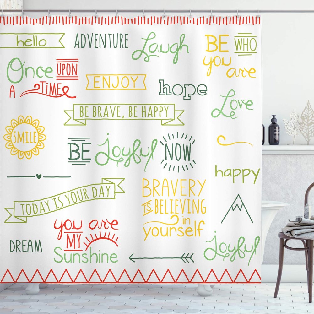 Ambesonne Adventure Shower Curtain, Various Words on Happiness and Self Value Uplifting Phrases Being Who You are, Cloth Fabric Bathroom Decor Set with Hooks, 69" W x 84" L, Mustard White