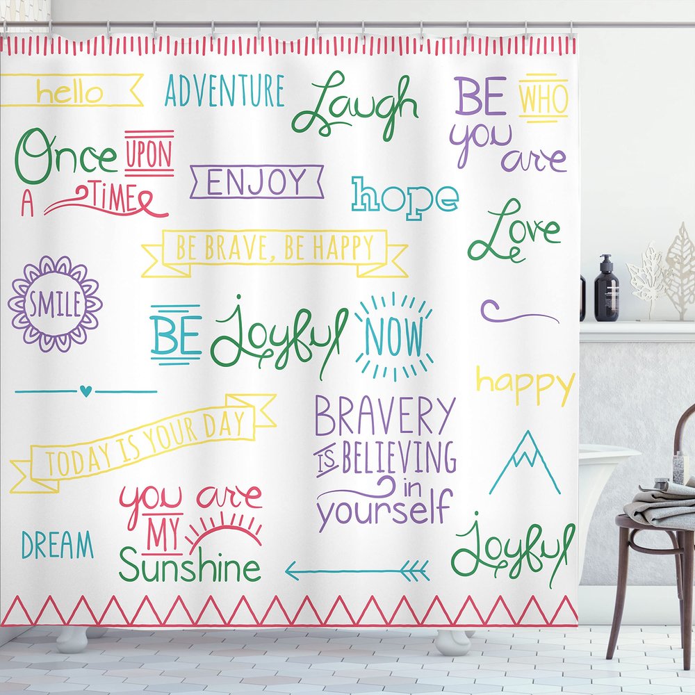 Ambesonne Adventure Shower Curtain, Various Words on Happiness and Self Value Uplifting Phrases Being Who You are, Cloth Fabric Bathroom Decor Set with Hooks, 69" W x 70" L, Violet Yellow