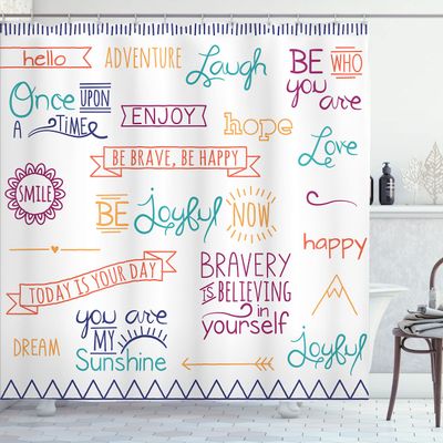 Ambesonne Adventure Shower Curtain, Various Words on Happiness and Self Value Uplifting Phrases Being Who You are, Cloth Fabric Bathroom Decor Set with Hooks, 69" W x 75" L, Dark Purple