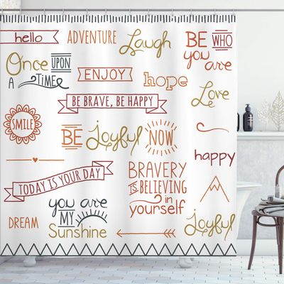 Ambesonne Adventure Shower Curtain, Various Words on Happiness and Self Value Uplifting Phrases Being Who You are, Cloth Fabric Bathroom Decor Set with Hooks, 69" W x 84" L, Fawn Maroon