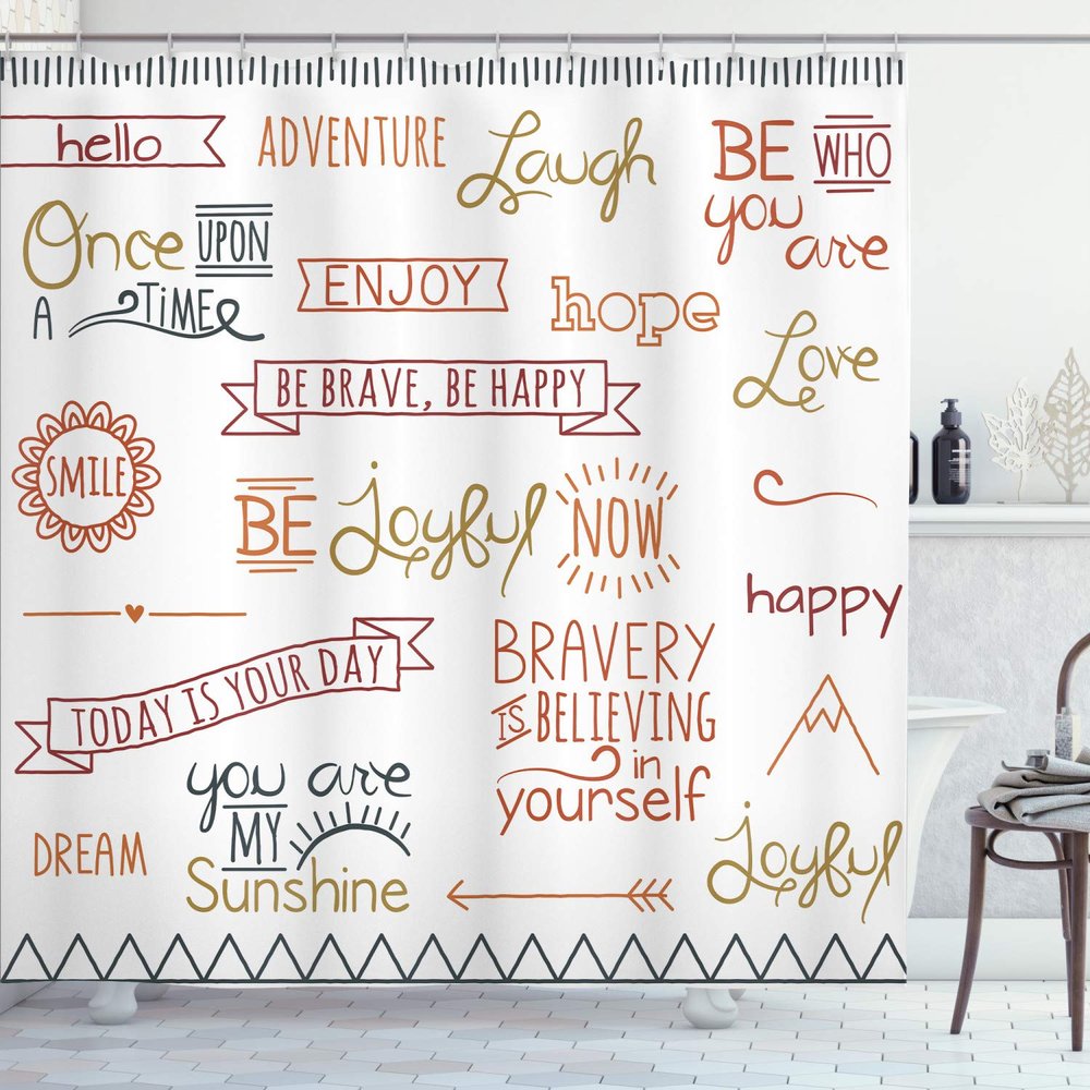 Ambesonne Adventure Shower Curtain, Various Words on Happiness and Self Value Uplifting Phrases Being Who You are, Cloth Fabric Bathroom Decor Set with Hooks, 69" W x 84" L, Fawn Maroon