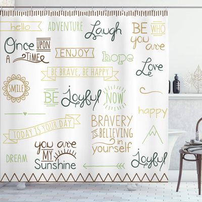 Ambesonne Adventure Shower Curtain, Various Words on Happiness and Self Value Uplifting Phrases Being Who You are, Cloth Fabric Bathroom Decor Set with Hooks, 69" W x 84" L, Pale Camel