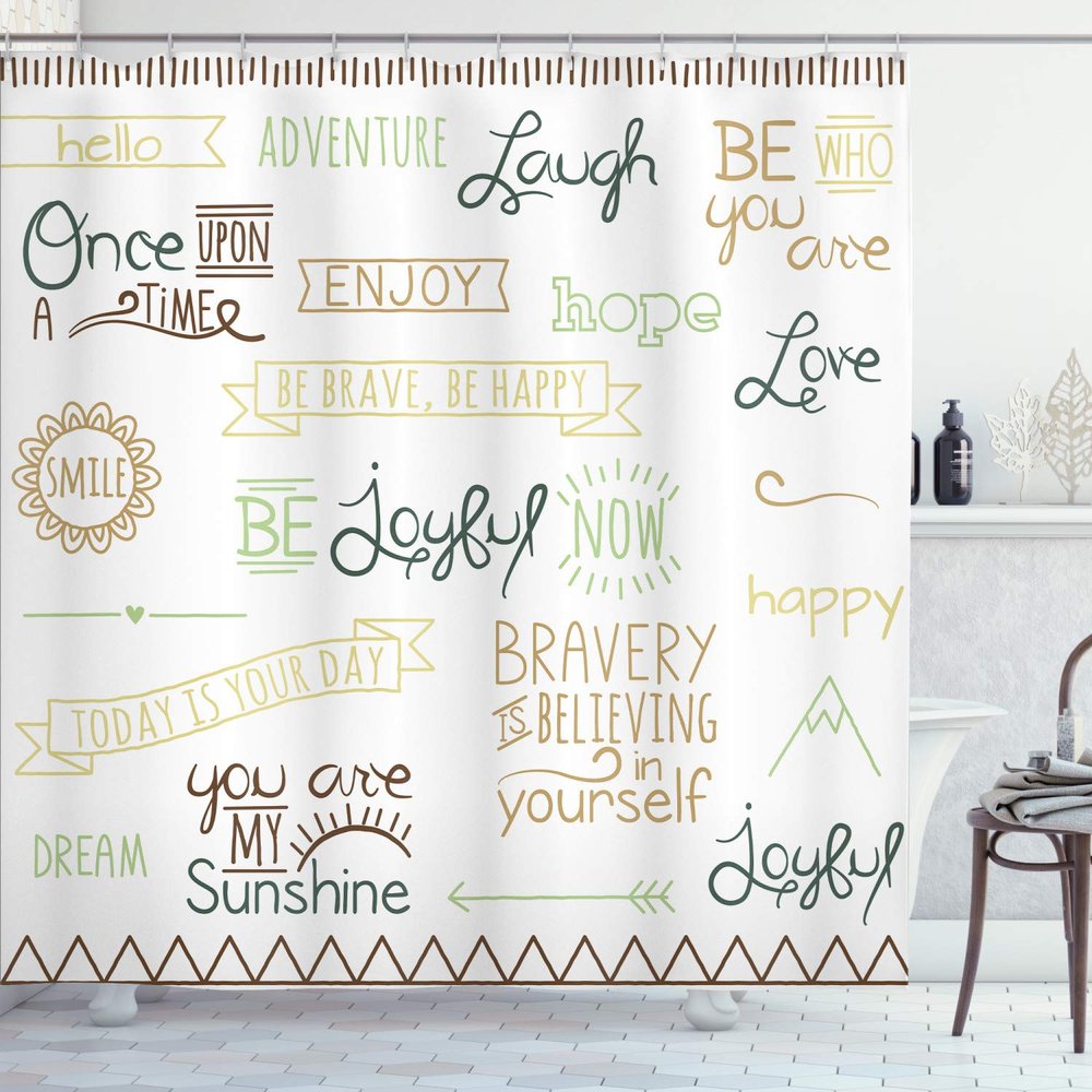 Ambesonne Adventure Shower Curtain, Various Words on Happiness and Self Value Uplifting Phrases Being Who You are, Cloth Fabric Bathroom Decor Set with Hooks, 69" W x 84" L, Pale Camel