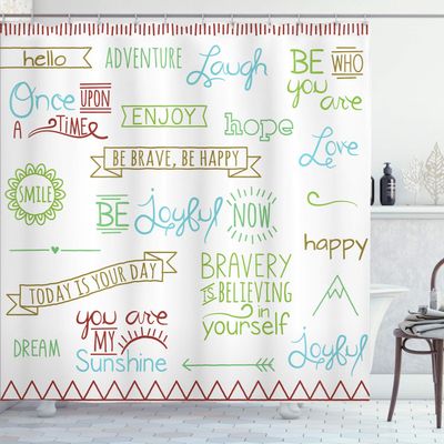 Ambesonne Adventure Shower Curtain, Various Words on Happiness and Self Value Uplifting Phrases Being Who You are, Cloth Fabric Bathroom Decor Set with Hooks, 69" W x 84" L, Lime Green