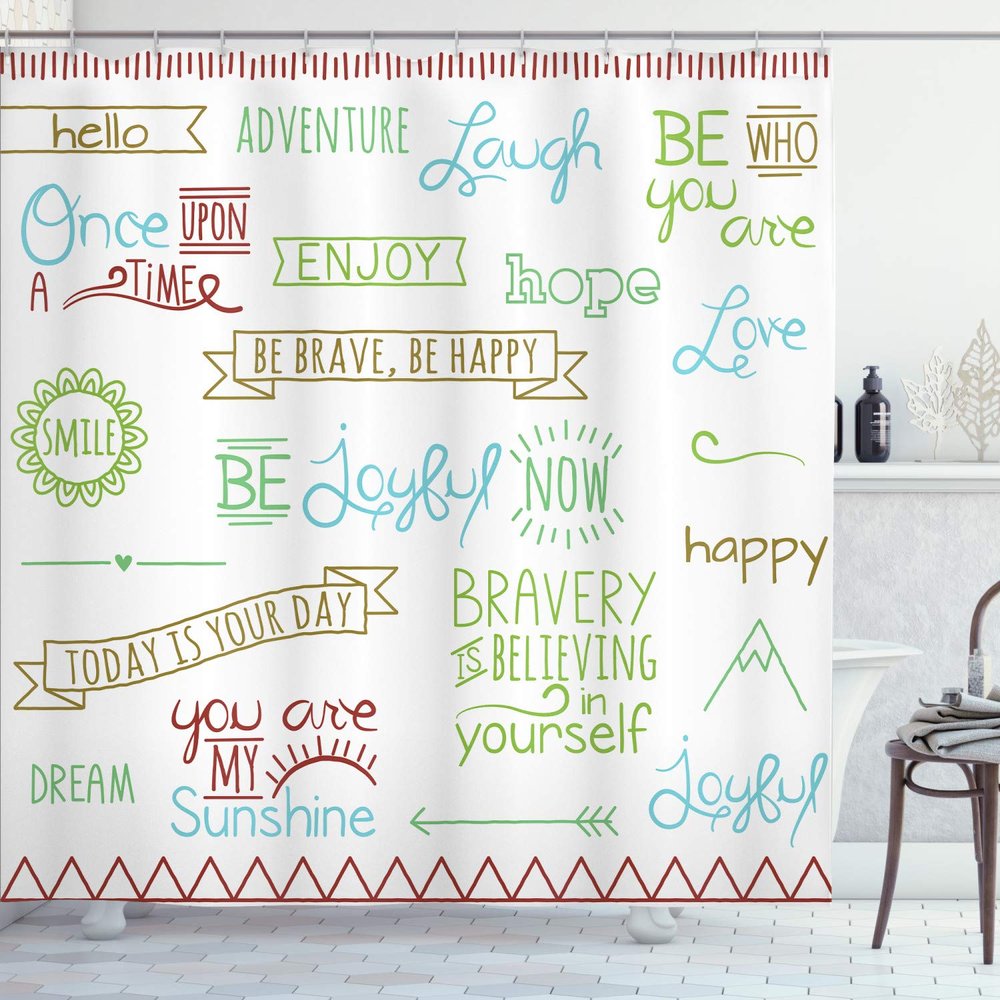 Ambesonne Adventure Shower Curtain, Various Words on Happiness and Self Value Uplifting Phrases Being Who You are, Cloth Fabric Bathroom Decor Set with Hooks, 69" W x 84" L, Lime Green
