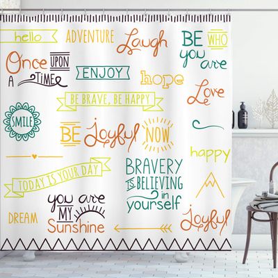 Ambesonne Adventure Shower Curtain, Various Words on Happiness and Self Value Uplifting Phrases Being Who You are, Cloth Fabric Bathroom Decor Set with Hooks, 69" W x 84" L, Dark Teal