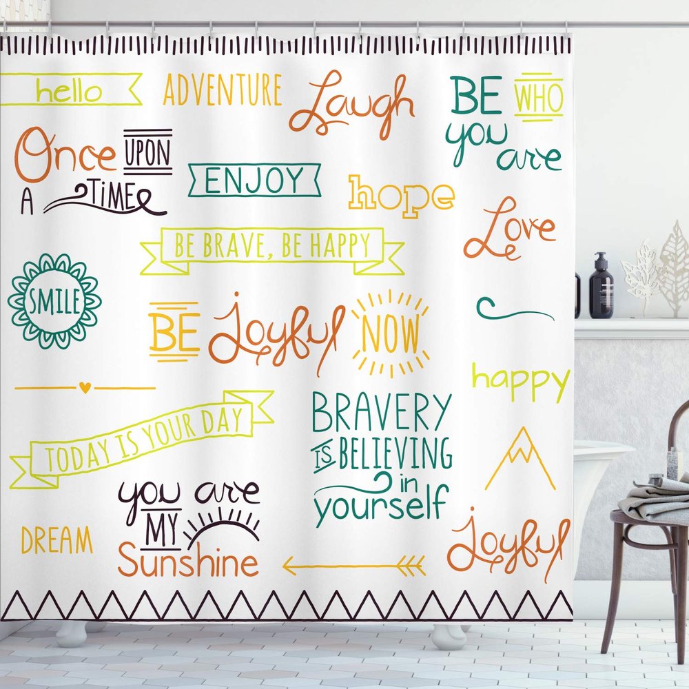 Ambesonne Adventure Shower Curtain, Various Words on Happiness and Self Value Uplifting Phrases Being Who You are, Cloth Fabric Bathroom Decor Set with Hooks, 69" W x 84" L, Dark Teal