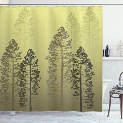 Ambesonne Country Shower Curtain, Pine Trees in The Forest on Foggy Seem Ombre Backdrop Wildlife Adventure Artwork, Cloth Fabric Bathroom Decor Set with Hooks, 69" W x 75" L, Pale Green