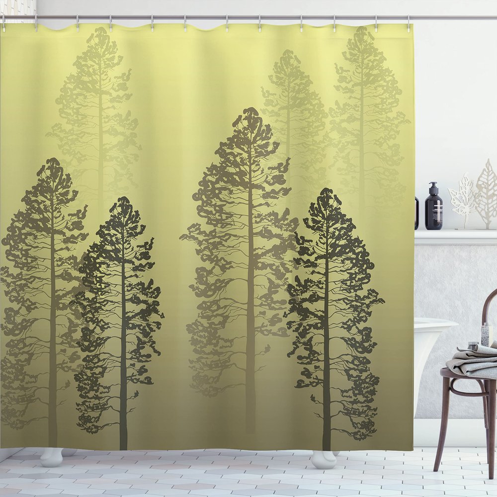 Ambesonne Country Shower Curtain, Pine Trees in The Forest on Foggy Seem Ombre Backdrop Wildlife Adventure Artwork, Cloth Fabric Bathroom Decor Set with Hooks, 69" W x 75" L, Pale Green