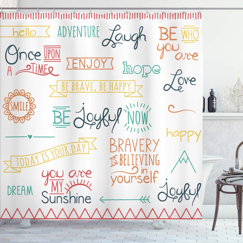 Ambesonne Adventure Shower Curtain, Various Words on Happiness and Self Value Uplifting Phrases Being Who You are, Cloth Fabric Bathroom Decor Set with Hooks, 69" W x 84" L, Turquoise Ruby
