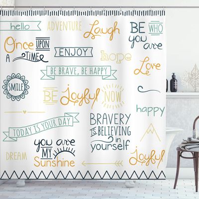 Ambesonne Adventure Shower Curtain, Various Words on Happiness and Self Value Uplifting Phrases Being Who You are, Cloth Fabric Bathroom Decor Set with Hooks, 69" W x 70" L, Grey Teal