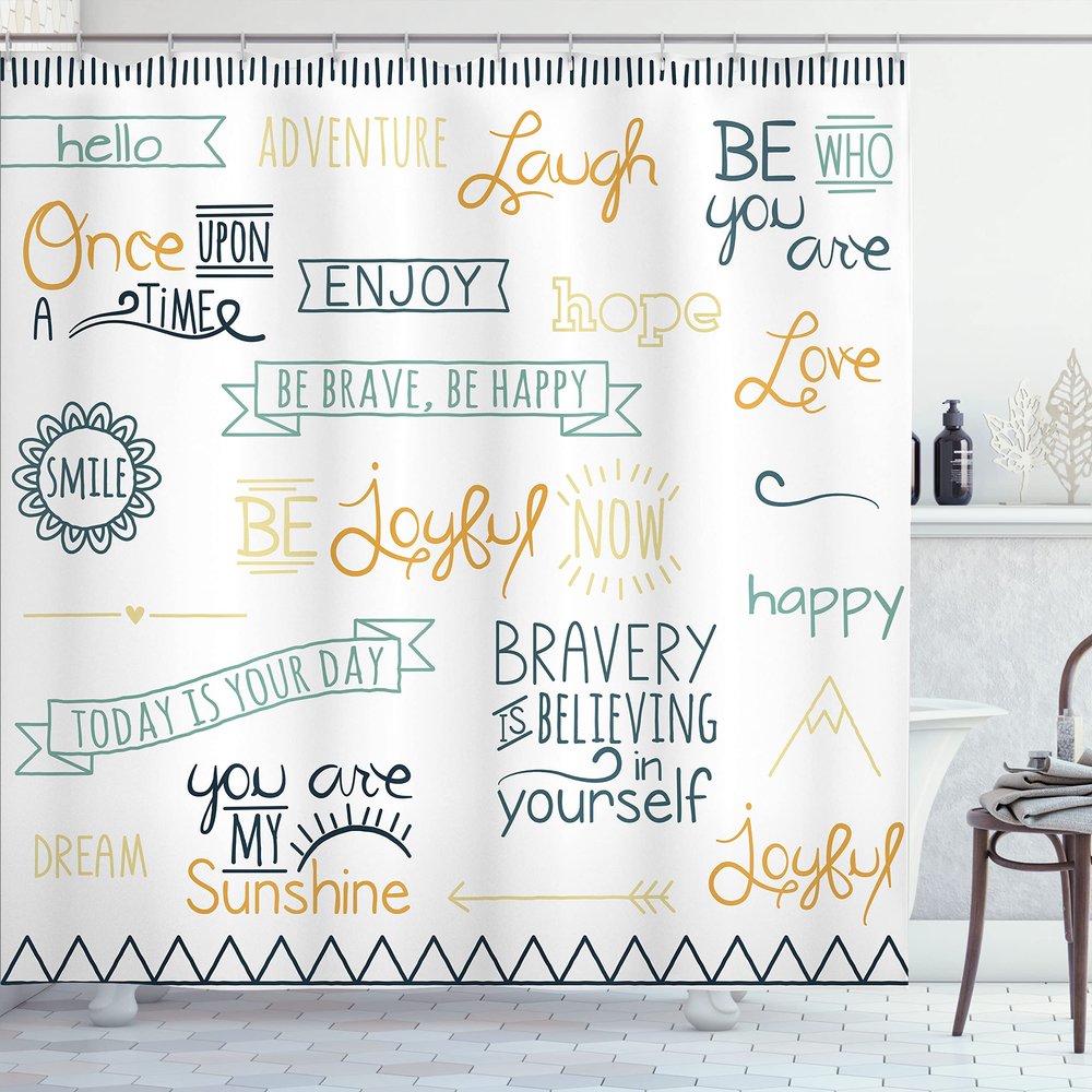 Ambesonne Adventure Shower Curtain, Various Words on Happiness and Self Value Uplifting Phrases Being Who You are, Cloth Fabric Bathroom Decor Set with Hooks, 69" W x 70" L, Grey Teal