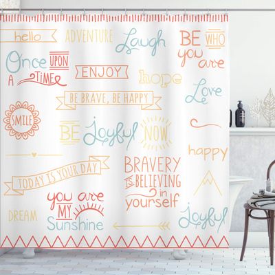 Ambesonne Adventure Shower Curtain, Various Words on Happiness and Self Value Uplifting Phrases Being Who You are, Cloth Fabric Bathroom Decor Set with Hooks, 69" W x 84" L, Pale Blue