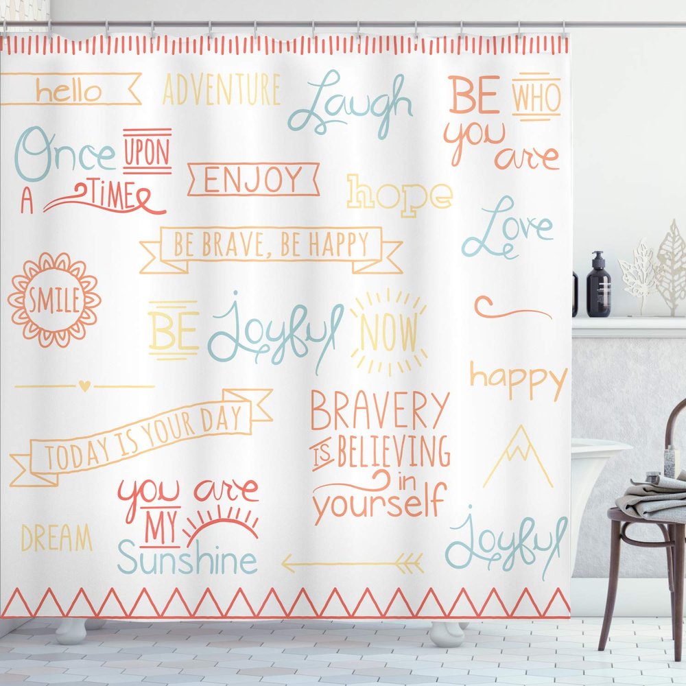 Ambesonne Adventure Shower Curtain, Various Words on Happiness and Self Value Uplifting Phrases Being Who You are, Cloth Fabric Bathroom Decor Set with Hooks, 69" W x 84" L, Pale Blue