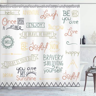 Ambesonne Adventure Shower Curtain, Various Words on Happiness and Self Value Uplifting Phrases Being Who You are, Cloth Fabric Bathroom Decor Set with Hooks, 69" W x 84" L, Cadet Blue
