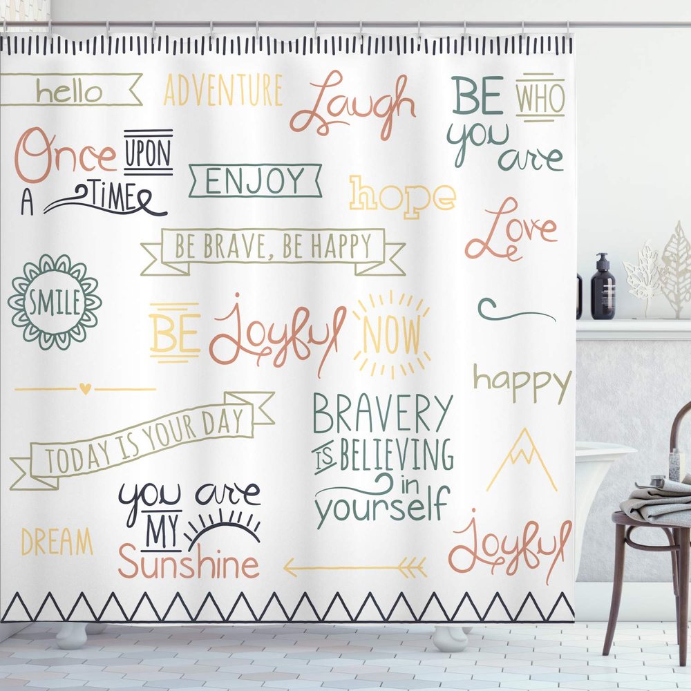 Ambesonne Adventure Shower Curtain, Various Words on Happiness and Self Value Uplifting Phrases Being Who You are, Cloth Fabric Bathroom Decor Set with Hooks, 69" W x 84" L, Cadet Blue