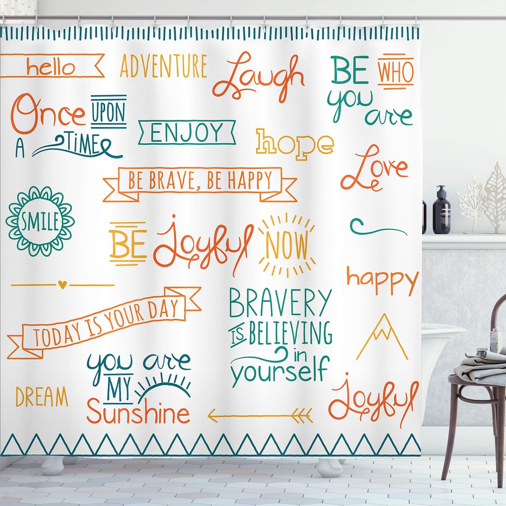 Ambesonne Adventure Shower Curtain, Various Words on Happiness and Self Value Uplifting Phrases Being Who You are, Cloth Fabric Bathroom Decor Set with Hooks, 69" W x 70" L, Cinnamon