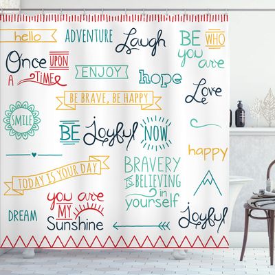 Ambesonne Adventure Shower Curtain, Various Words on Happiness and Self Value Uplifting Phrases Being Who You are, Cloth Fabric Bathroom Decor Set with Hooks, 69" W x 70" L, Marigold Teal