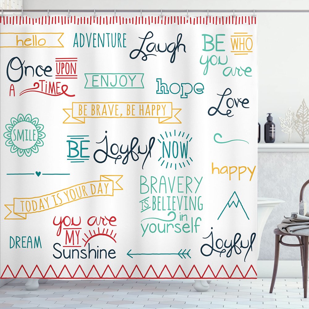 Ambesonne Adventure Shower Curtain, Various Words on Happiness and Self Value Uplifting Phrases Being Who You are, Cloth Fabric Bathroom Decor Set with Hooks, 69" W x 70" L, Marigold Teal
