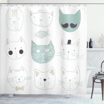 Ambesonne Cat Shower Curtain, Pets Moustache Bow Tie Hat Crown Fluffy and Fish Humor Faces Graphic, Cloth Fabric Bathroom Decor Set with Hooks, 69" W x 84" L, Soft Teal