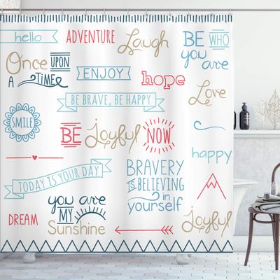 Ambesonne Adventure Shower Curtain, Various Words on Happiness and Self Value Uplifting Phrases Being Who You are, Cloth Fabric Bathroom Decor Set with Hooks, 69" W x 84" L, Pale Blue