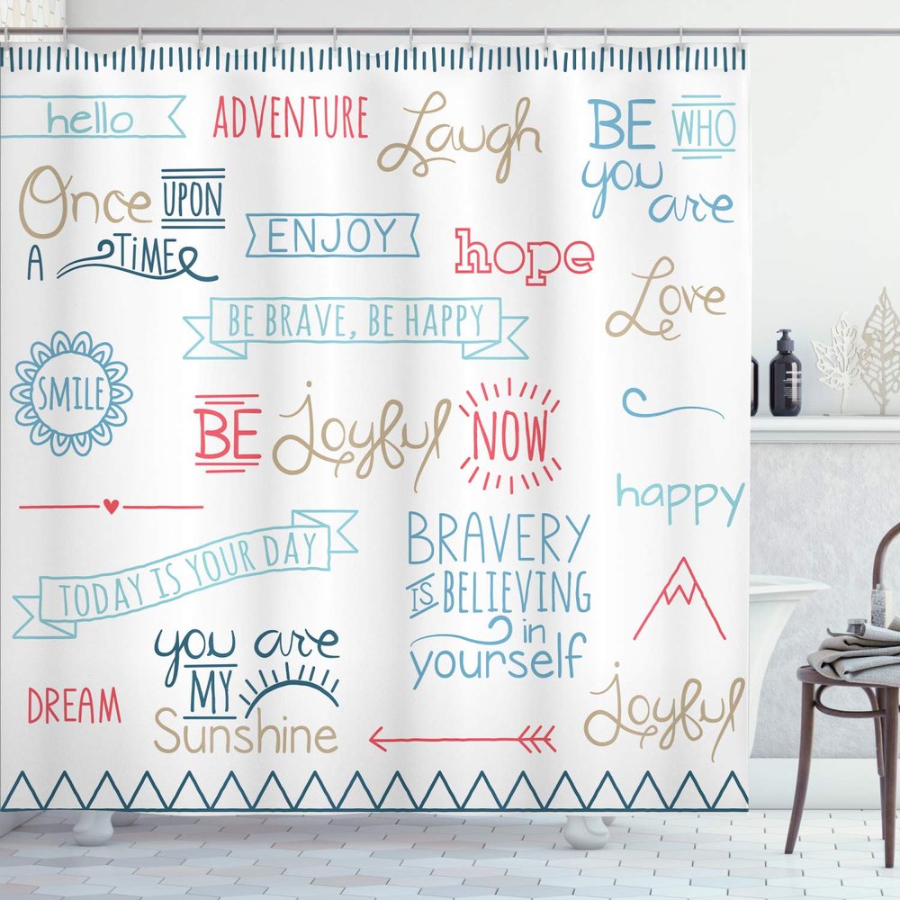 Ambesonne Adventure Shower Curtain, Various Words on Happiness and Self Value Uplifting Phrases Being Who You are, Cloth Fabric Bathroom Decor Set with Hooks, 69" W x 84" L, Pale Blue