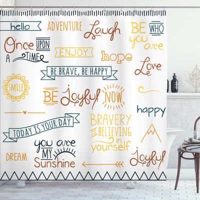 Ambesonne Adventure Shower Curtain, Various Words on Happiness and Self Value Uplifting Phrases Being Who You are, Cloth Fabric Bathroom Decor Set with Hooks, 69" W x 84" L, Pastel Yellow