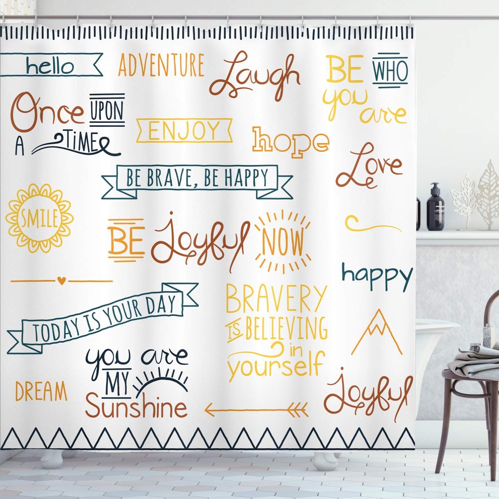 Ambesonne Adventure Shower Curtain, Various Words on Happiness and Self Value Uplifting Phrases Being Who You are, Cloth Fabric Bathroom Decor Set with Hooks, 69" W x 84" L, Pastel Yellow