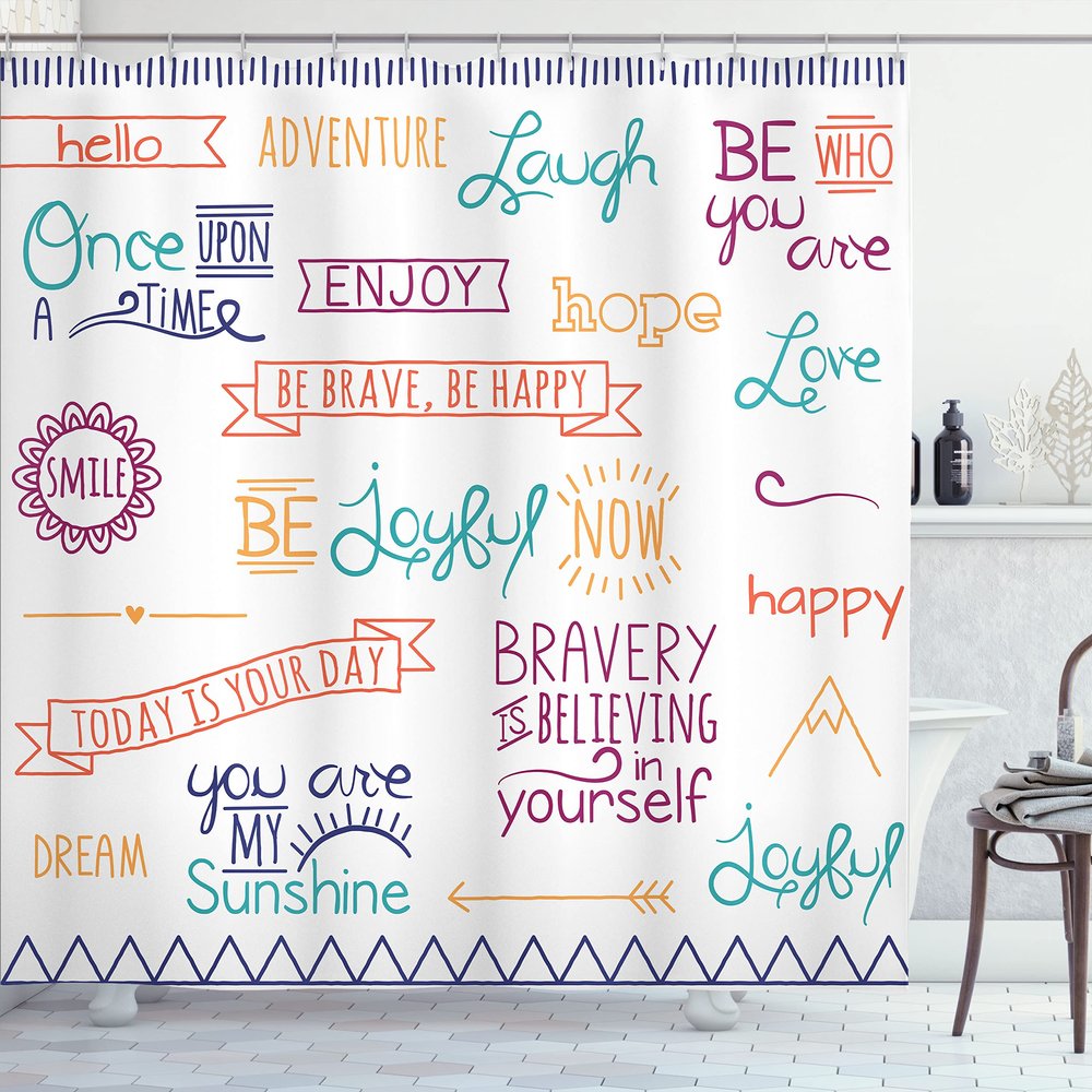 Ambesonne Adventure Shower Curtain, Various Words on Happiness and Self Value Uplifting Phrases Being Who You are, Cloth Fabric Bathroom Decor Set with Hooks, 69" W x 70" L, Dark Purple