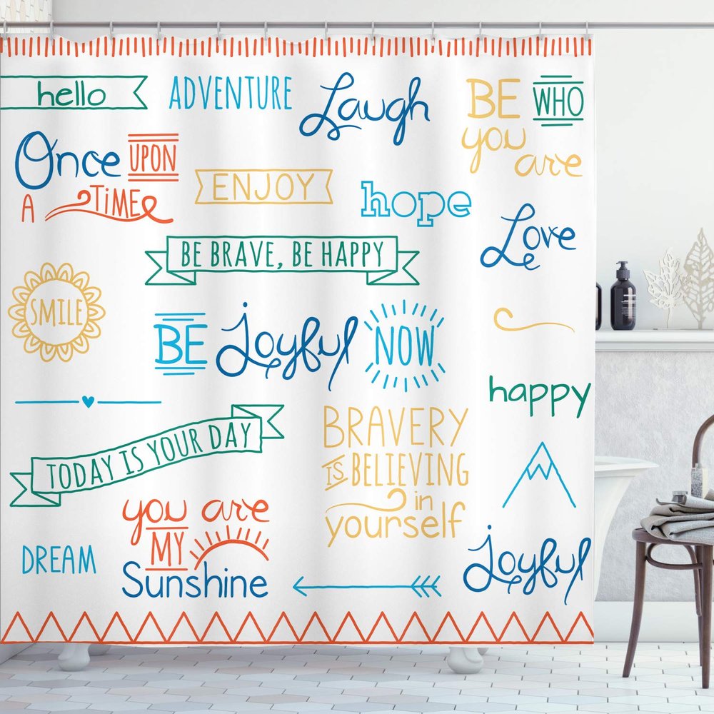 Ambesonne Adventure Shower Curtain, Various Words on Happiness and Self Value Uplifting Phrases Being Who You are, Cloth Fabric Bathroom Decor Set with Hooks, 69" W x 84" L, Dark Lavender