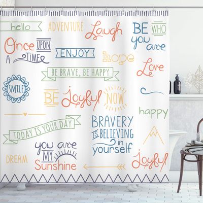 Ambesonne Adventure Shower Curtain, Various Words on Happiness and Self Value Uplifting Phrases Being Who You are, Cloth Fabric Bathroom Decor Set with Hooks, 69" W x 84" L, Petrol Blue