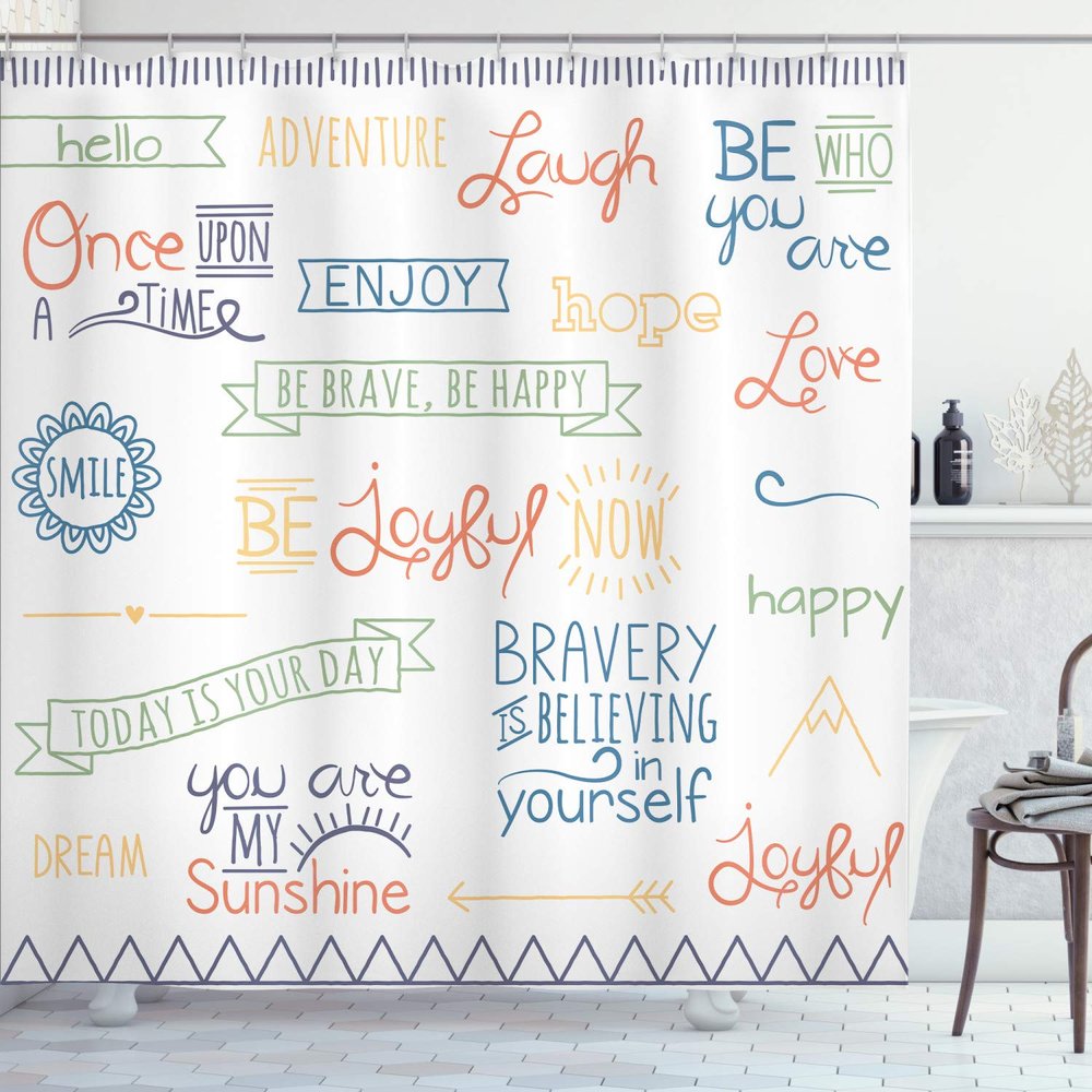 Ambesonne Adventure Shower Curtain, Various Words on Happiness and Self Value Uplifting Phrases Being Who You are, Cloth Fabric Bathroom Decor Set with Hooks, 69" W x 84" L, Petrol Blue