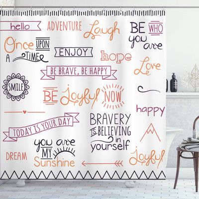 Ambesonne Adventure Shower Curtain, Various Words on Happiness and Self Value Uplifting Phrases Being Who You are, Cloth Fabric Bathroom Decor Set with Hooks, 69" W x 84" L, Pale Ruby